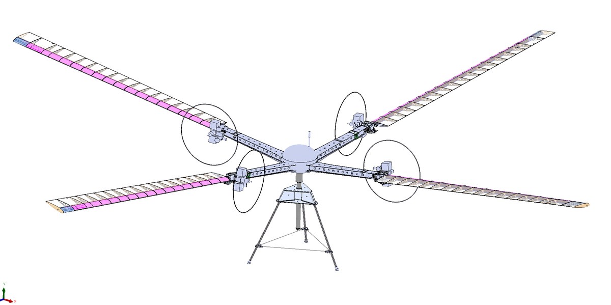 CAD rendering of the proposed Stella 3 aircraft: four long rotor blades on a cruciform frame above a tripod landing gear